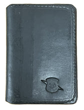 Load image into Gallery viewer, Black leather wallet with a logo on a white background